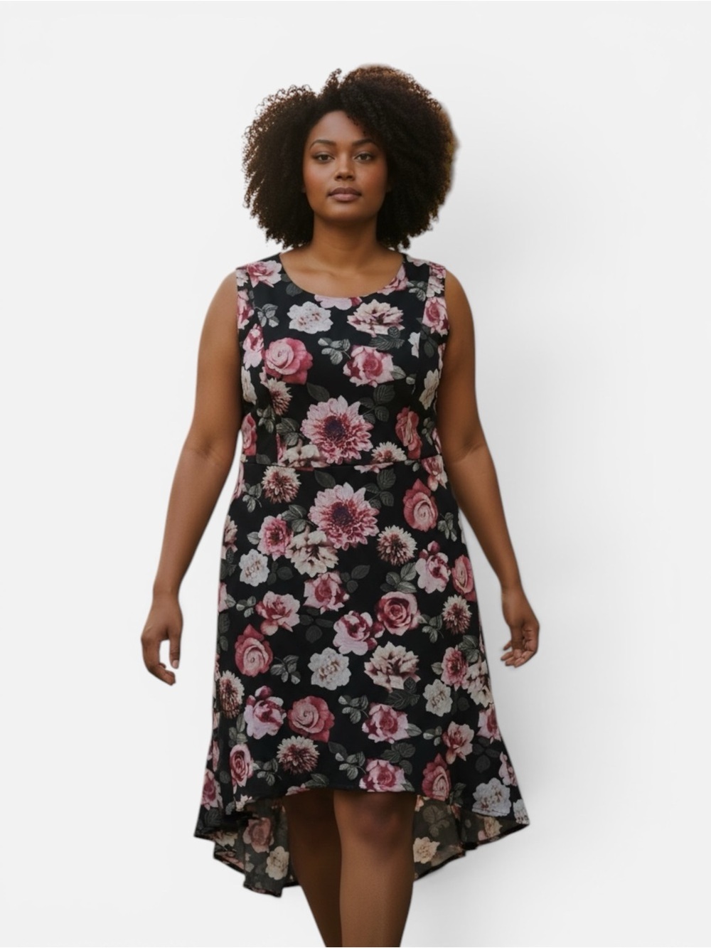 Enfocus Studio Black Midi Dress with Pink & Cream Floral Print